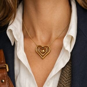 Vintage 70s Gold Heart Necklace Minimalist Double Heart Pendant